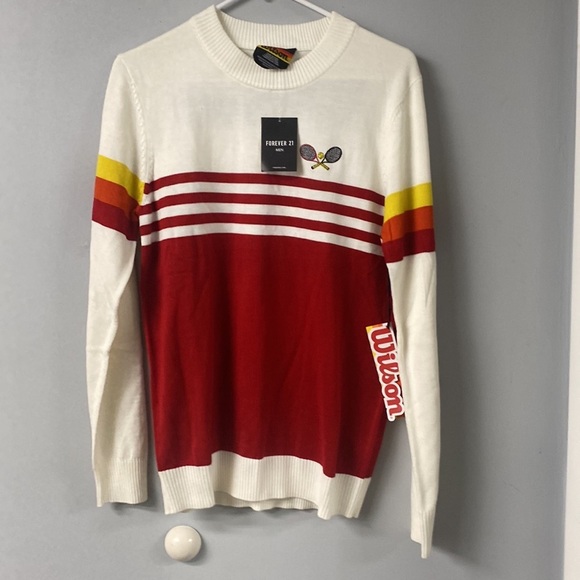 FOREVER 21 + WILSON COLLABORATION TENNIS SWEATER MULTI COLOR STRIPED SLEEVE NWT - Picture 3 of 13